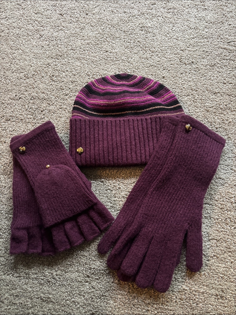 kate spade Plum Striped Beanie with Matching Convertible Gloves